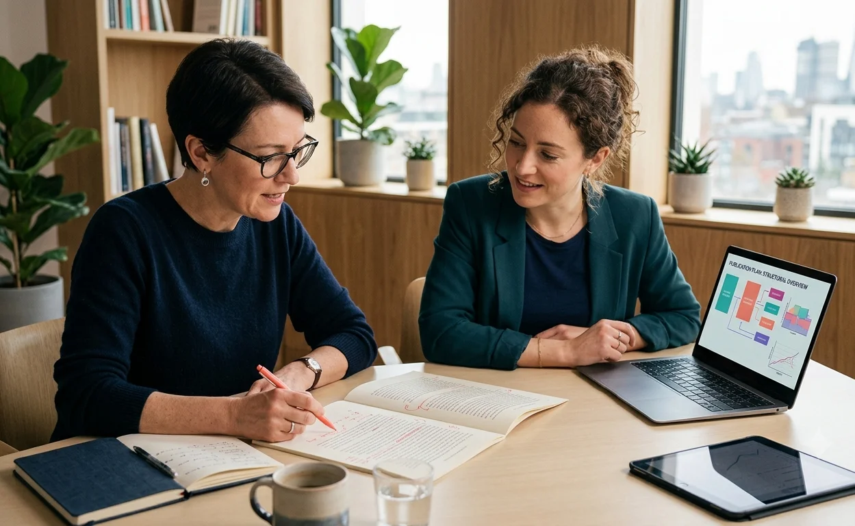 Editorial consultant reviewing an author's manuscript and publication plan