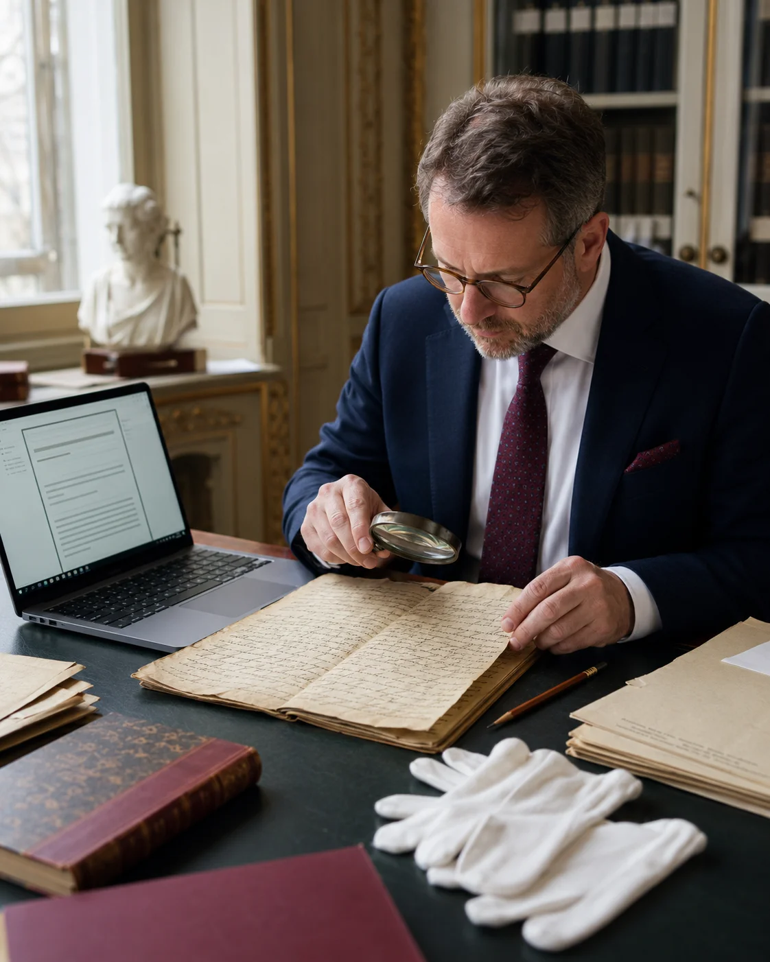 a specialist reviewing a historical German handwritten document