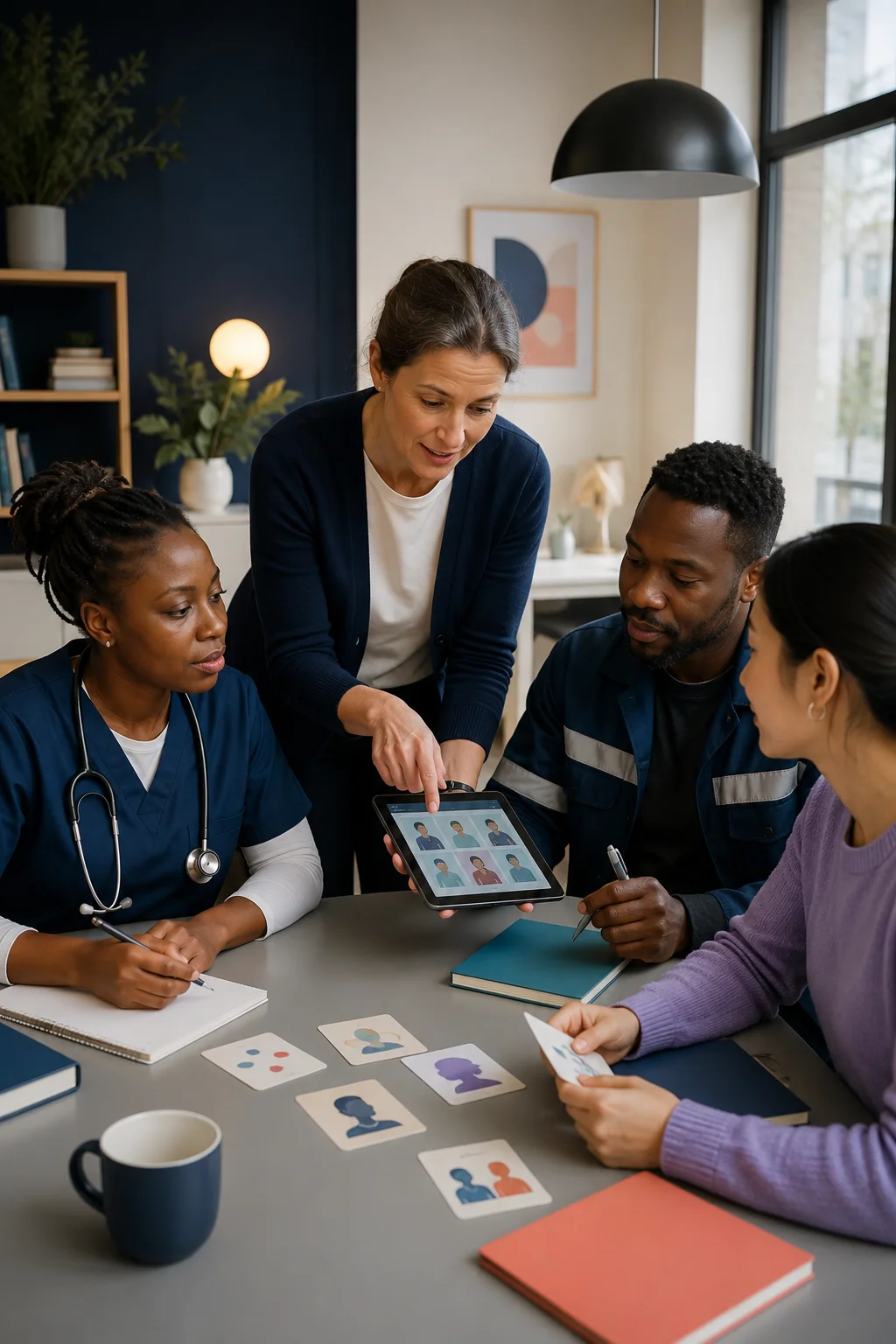 German language instructor guiding international professionals
