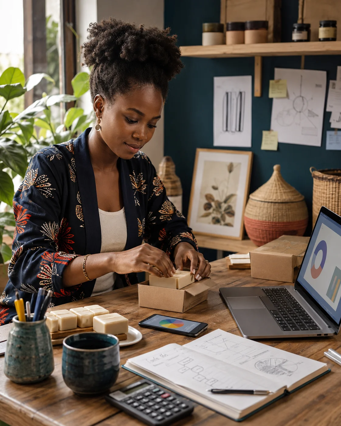 Entrepreneur building a practical small business using local products and digital tools